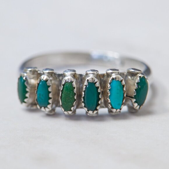 H. Lonjose Zuni Sterling Turquoise Row Ring — Size 7.5 - Picture 1 of 15